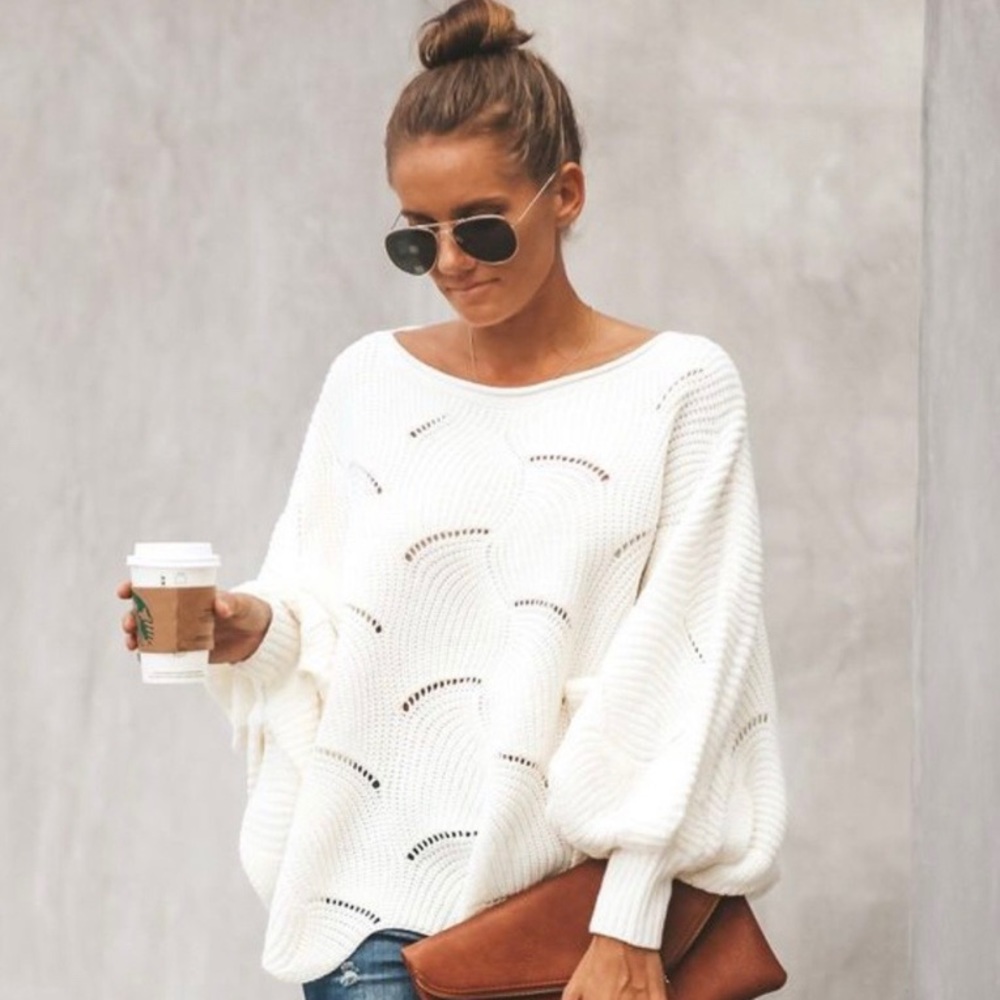 VICI Noemi Dolman Knit Scalloped Hem Cream Sweater